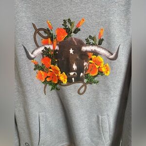 Rodeo Quincy Gray Hoodie Long Sweatshirt with pockets. Bull and Floral Design